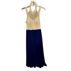 Say Yes to The Prom Dress Womens Size 3 Blue Beaded Halter Neck Sheer Satin Zip
